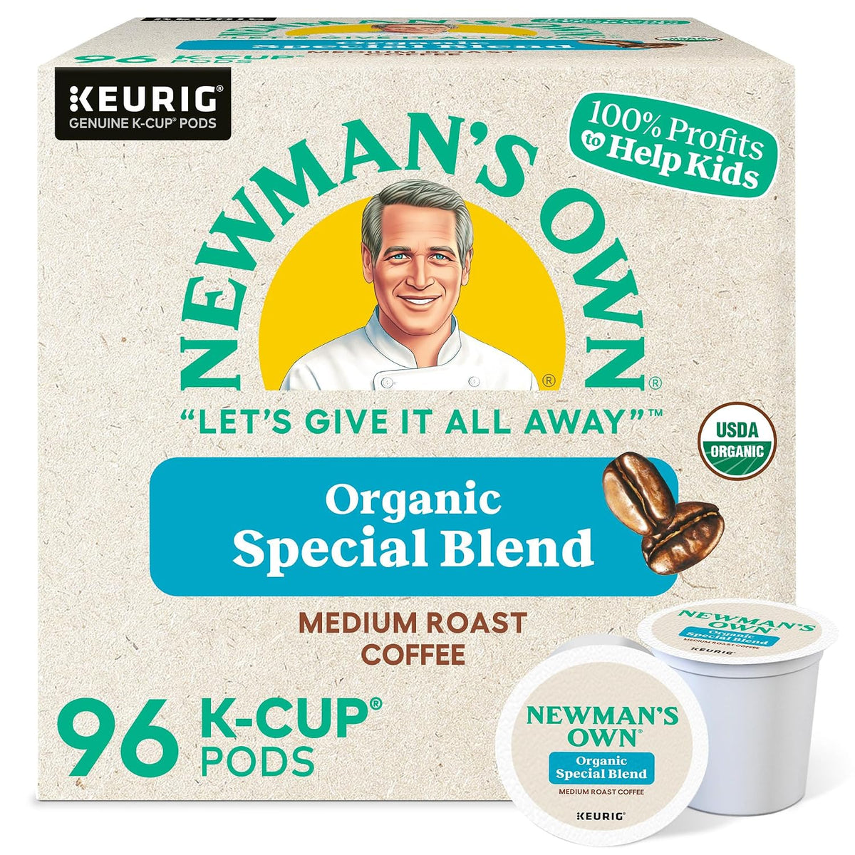Newman's Own Organics Special Blend medium-roast K-Cup coffee packaging, 96 count”