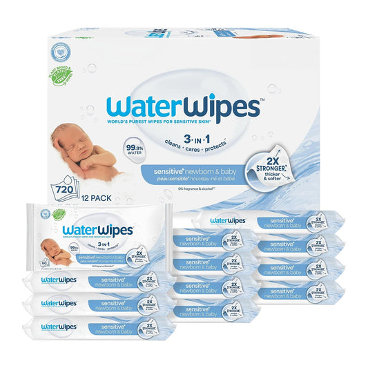 WaterWipes Sensitive+ baby wipes box with 12 white-and-blue packs, labeled 720 wipes and 99.9% water