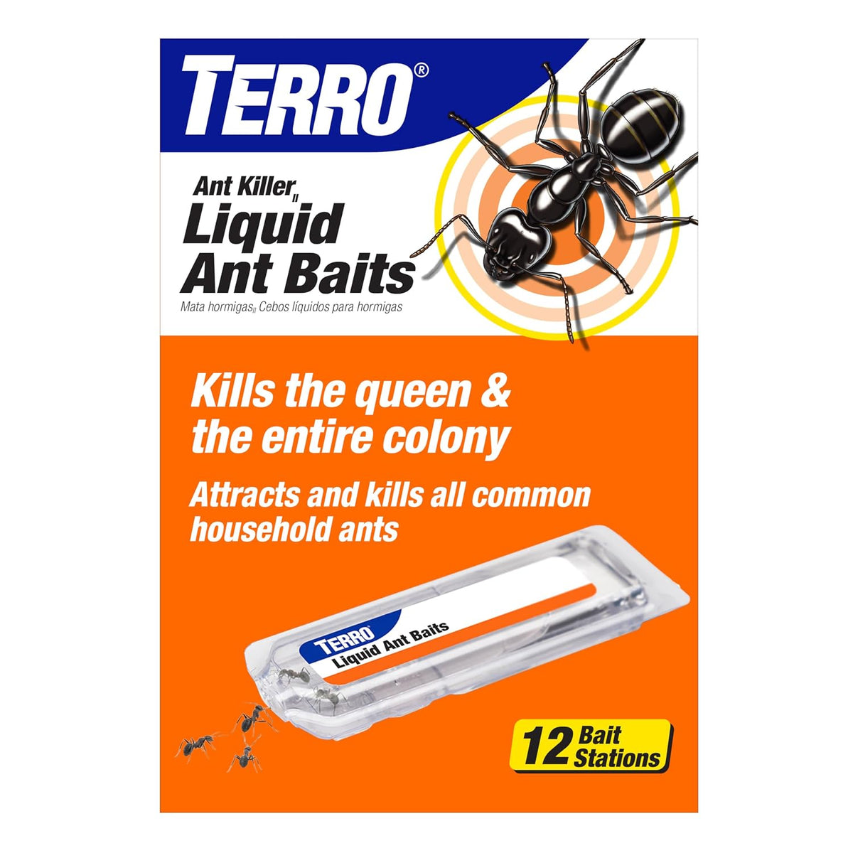Terro ant killer packaging with an ant illustration and product details on an orange background