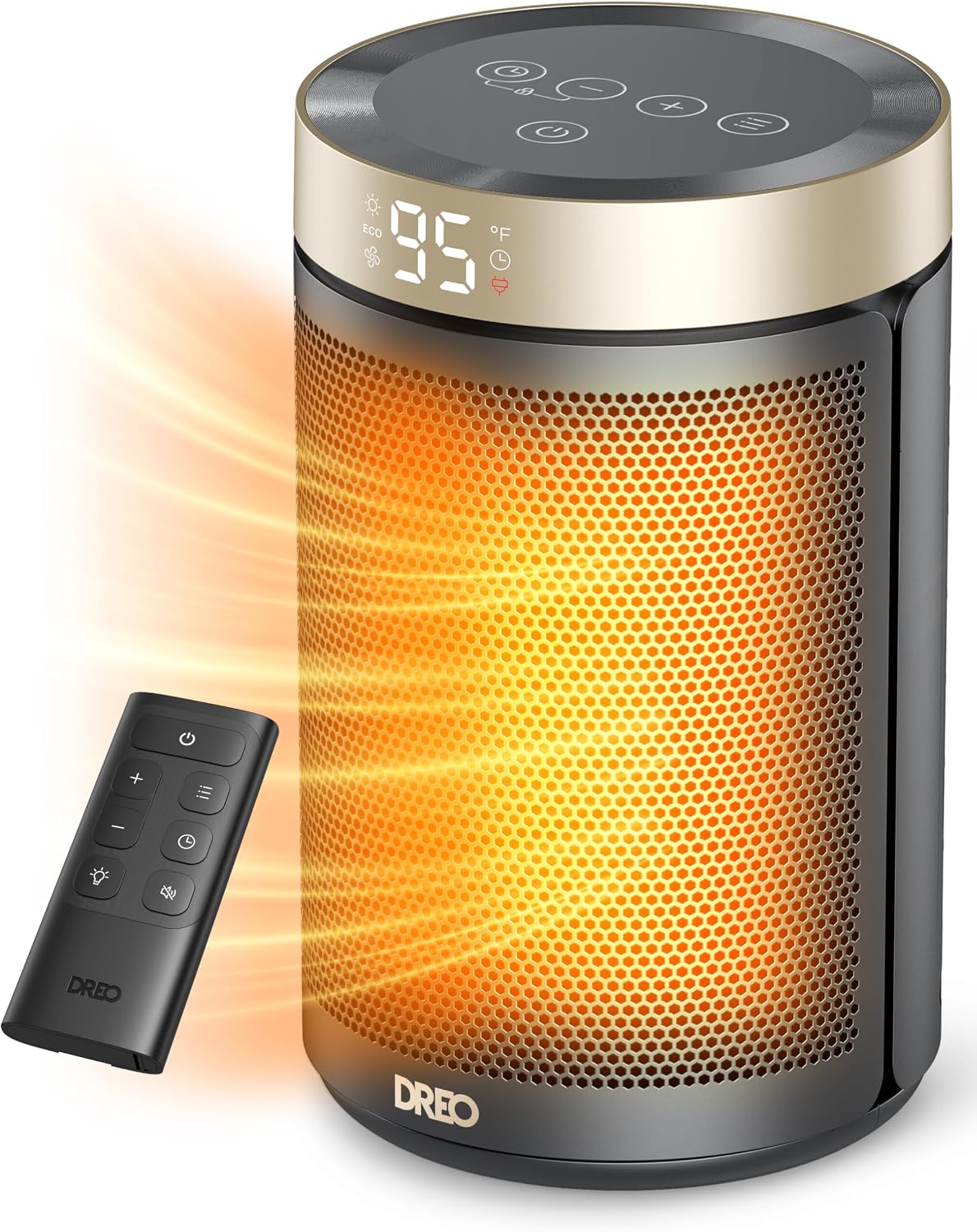 Portable heater with digital display and remote control on a white background