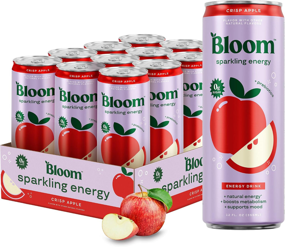A retail display box and single can of Bloom Sparkling Energy drink in Crisp Apple flavor, shown on a clean white background. The cans are light lavender with a large red apple graphic and green brand text.