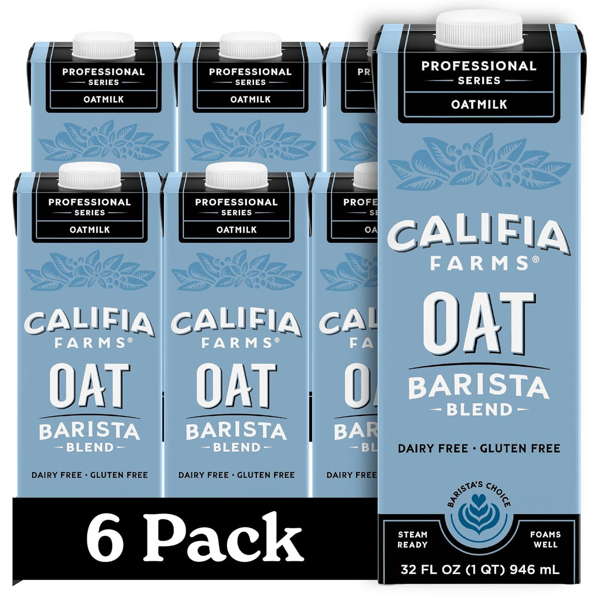 A 6-pack display of Califia Farms Professional Series Oat Barista Blend milk cartons, showing the front and side packaging on a white background with a black '6 Pack' banner at the bottom.