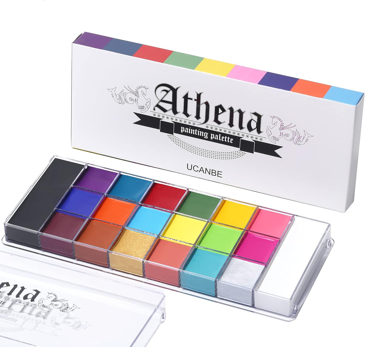 UCANBE Athena face and body paint palette with 20 colors, larger black and white pans and branded box