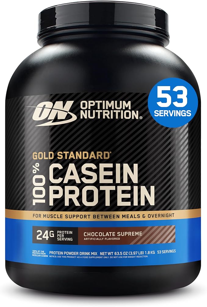 A black tub of Optimum Nutrition Gold Standard 100% Casein Protein powder in Chocolate Supreme flavor, with a blue '53 Servings' badge on the upper right.
