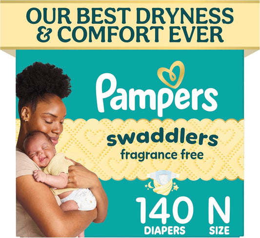 Pampers Swaddlers fragrance-free diaper box labeled 140 diapers and newborn size N, with a parent holding a baby