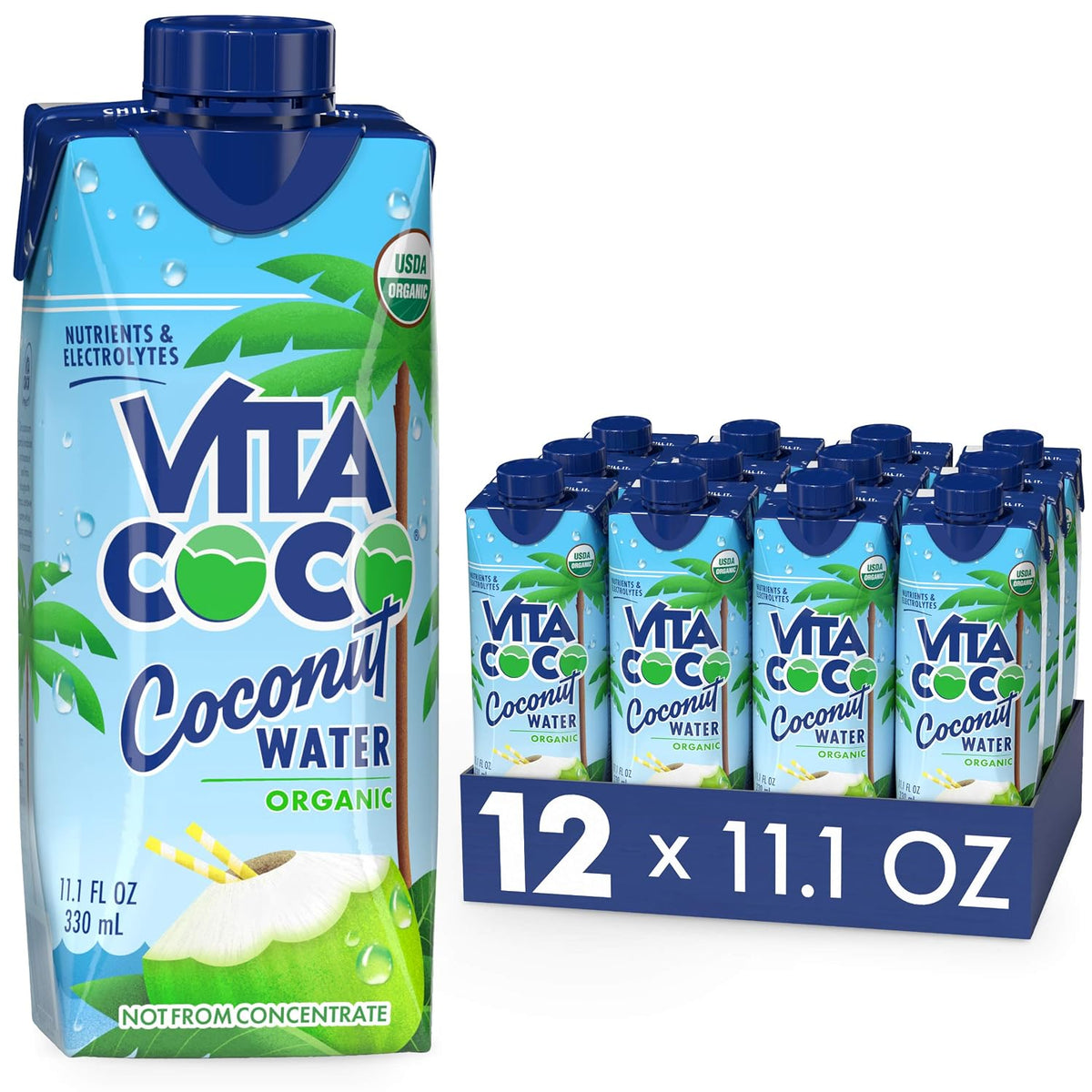 A 11.1 fl oz carton of Vita Coco Organic Coconut Water shown next to a 12-pack display tray of matching cartons on a white background.