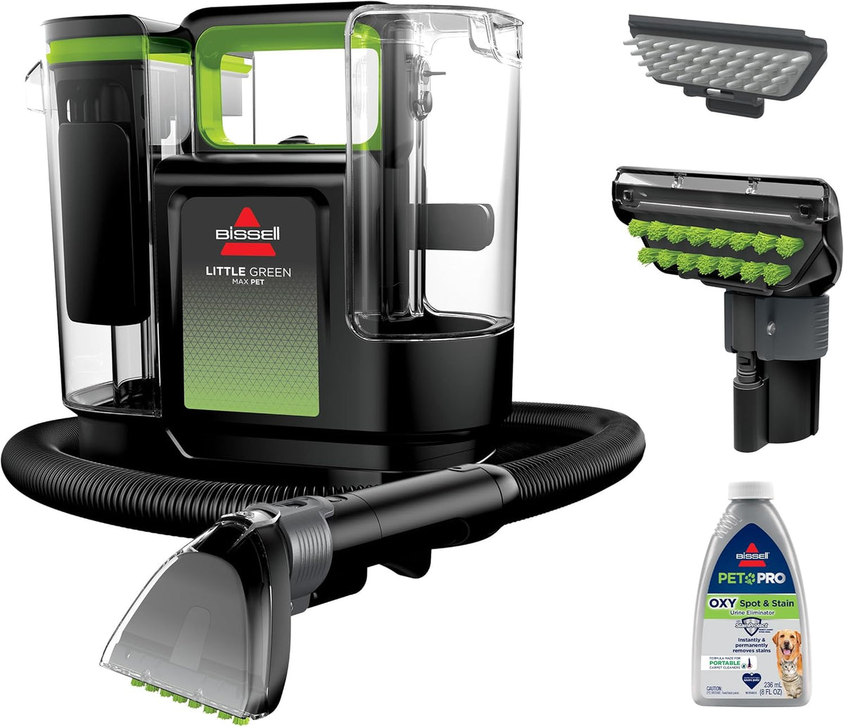 Bissell Little Green pet hair cleaner with attachments and cleaning solution on a white background