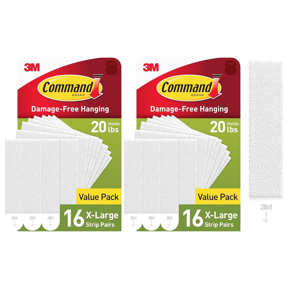 Command XL picture hanging strips in two 16-pair value packs with white strips and 20 lb capacity labels