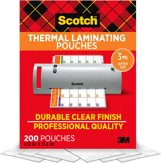 Scotch thermal laminating pouches box labeled 200 count, 3 mil, letter size and 8.9 x 11.4 inches