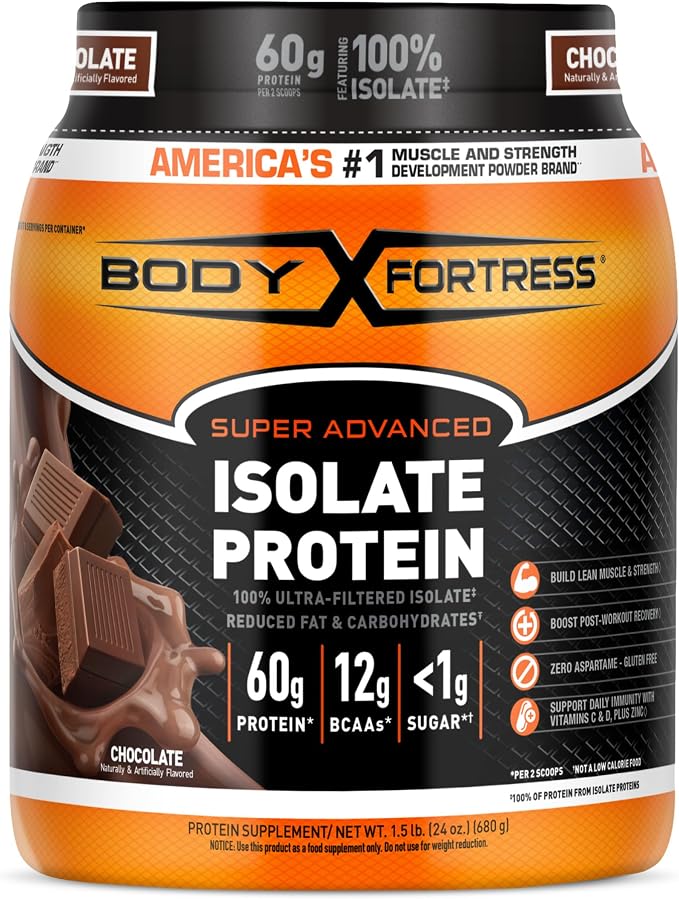 Body Fortress Super Advanced Isolate Protein container with chocolate flavor on an orange and black background