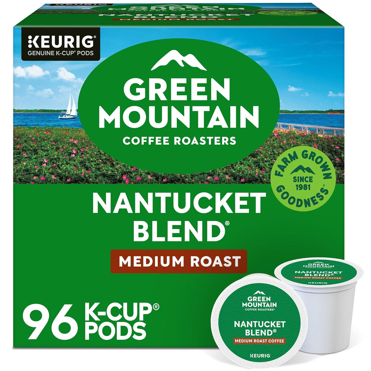 Green Mountain Nantucket Blend medium roast coffee, green 96-count K-Cup box with coastal artwork and two pods