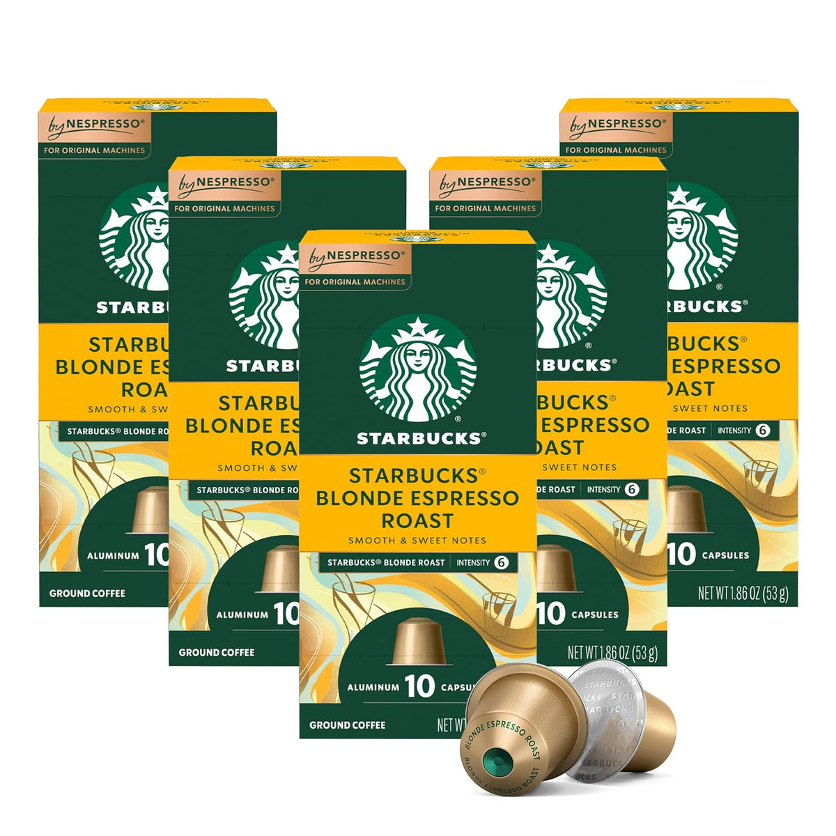 Starbucks Blonde Espresso Roast, five green and yellow 10-capsule boxes for Nespresso Original with gold pods