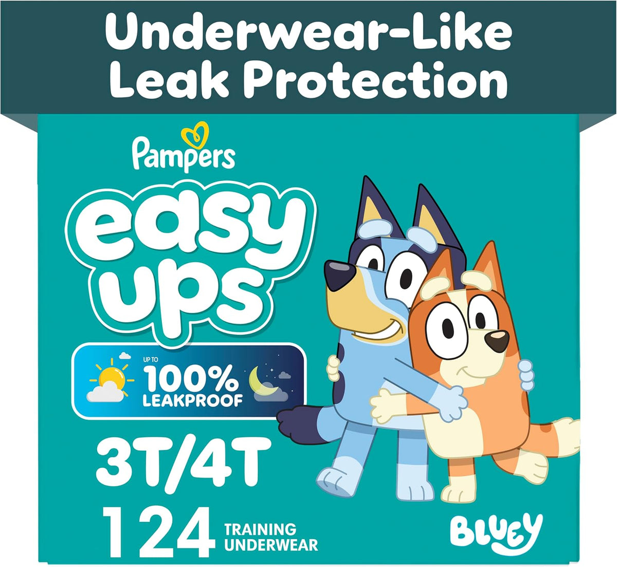 Pampers Easy Ups teal box featuring Bluey and Bingo, labeled 3T/4T and 124 training underwear