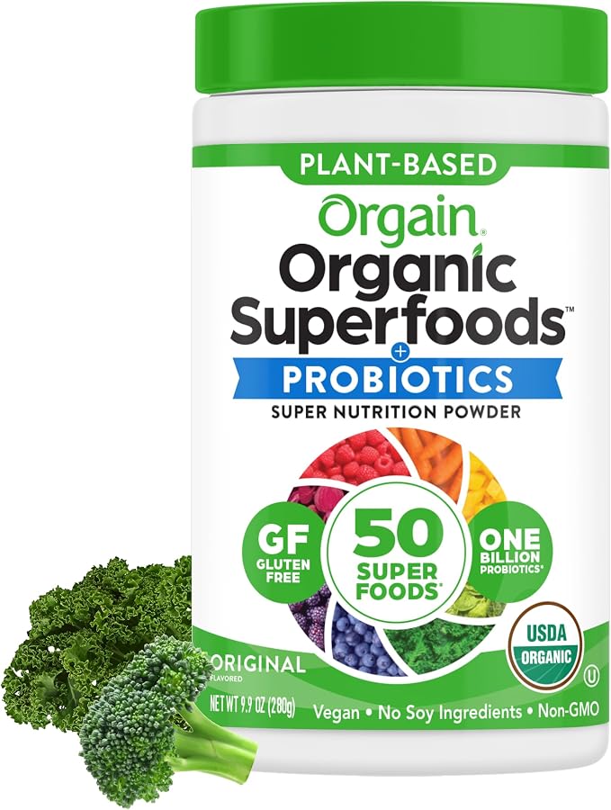 Orgain Organic Superfoods + Probiotics powder container with green lid and white body, featuring superfood graphics and certifications.