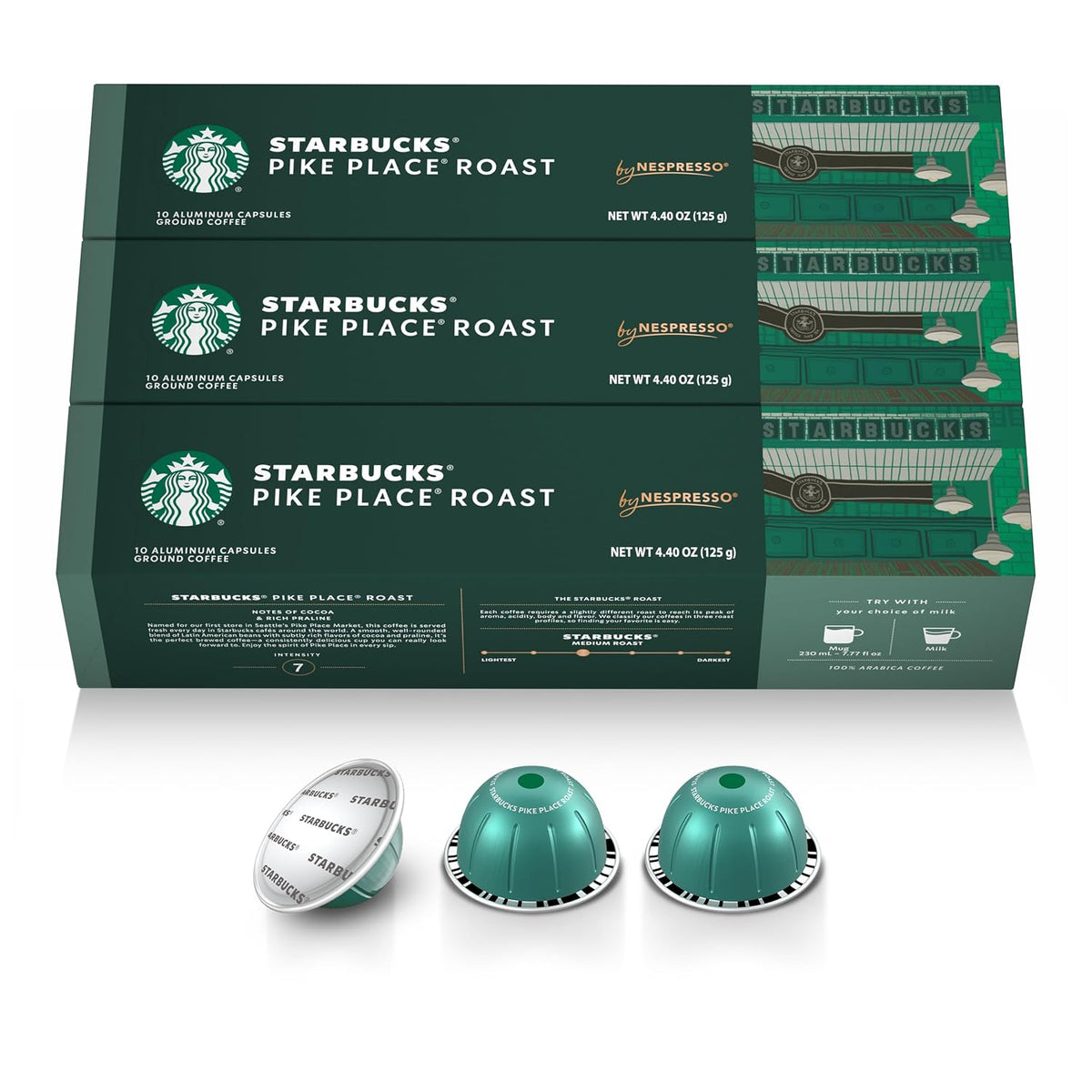 “Three green boxes of Starbucks Pike Place Roast Nespresso Vertuo coffee, 30 capsules total, with three pods in front.”
