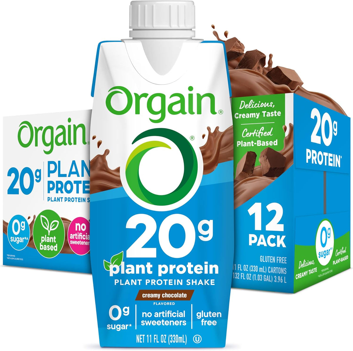 Orgain chocolate vegan protein shake with 20g plant protein, 11 oz bottle