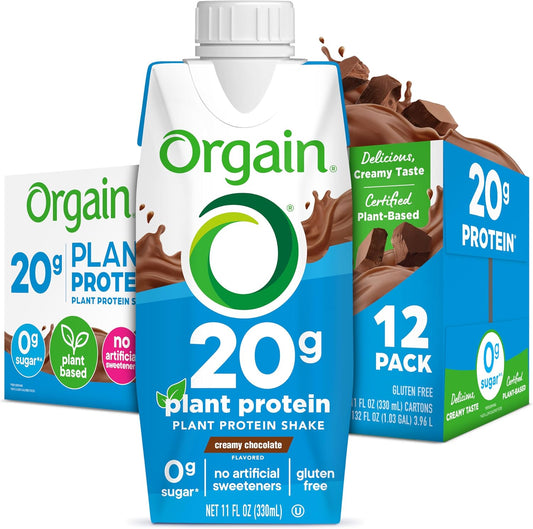 Orgain chocolate vegan protein shake with 20g plant protein, 11 oz bottle