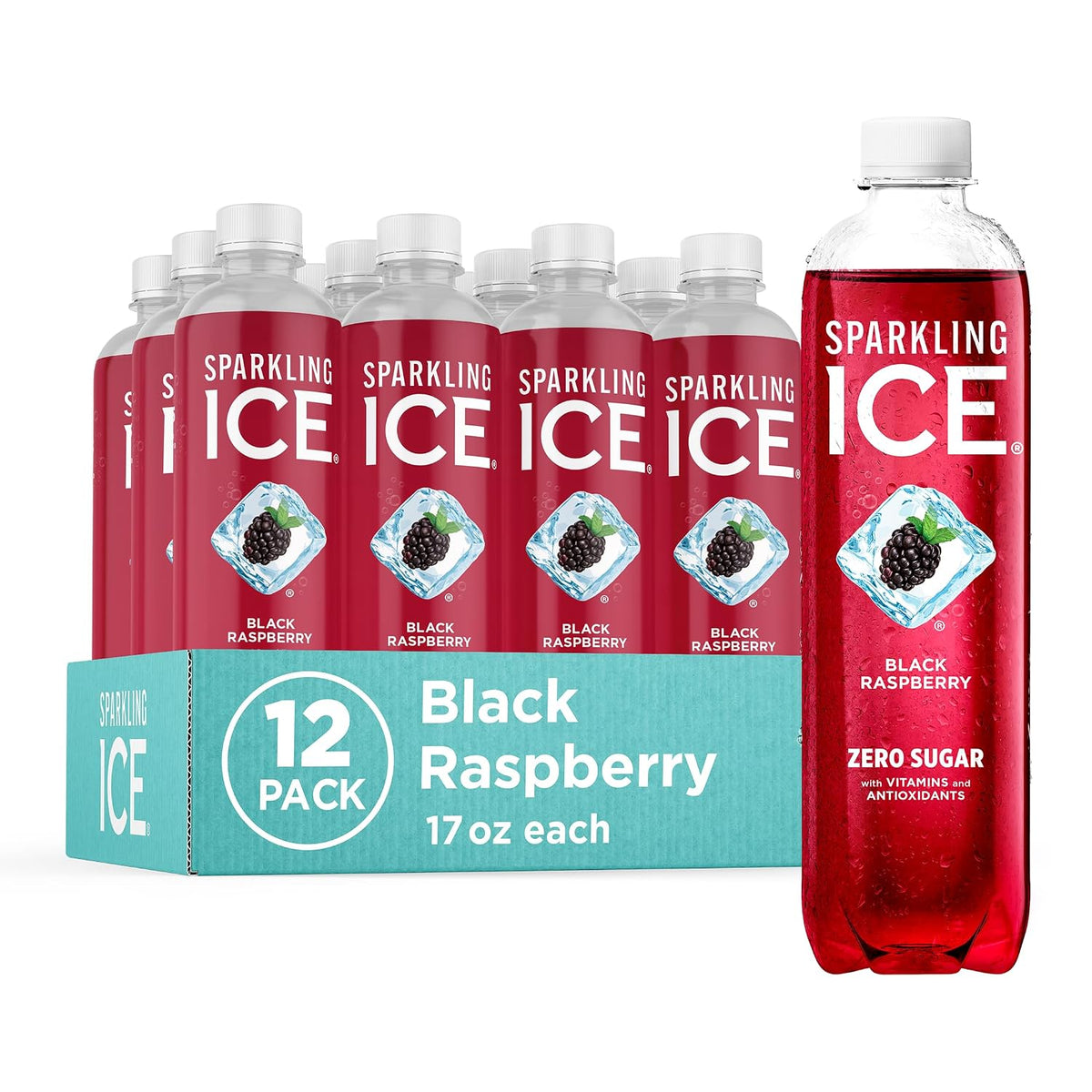 A 12-pack of Sparkling Ice Black Raspberry zero sugar 17 oz plastic bottles, shown with a teal cardboard 12-pack box and one single bottle standing on the right against a white background.