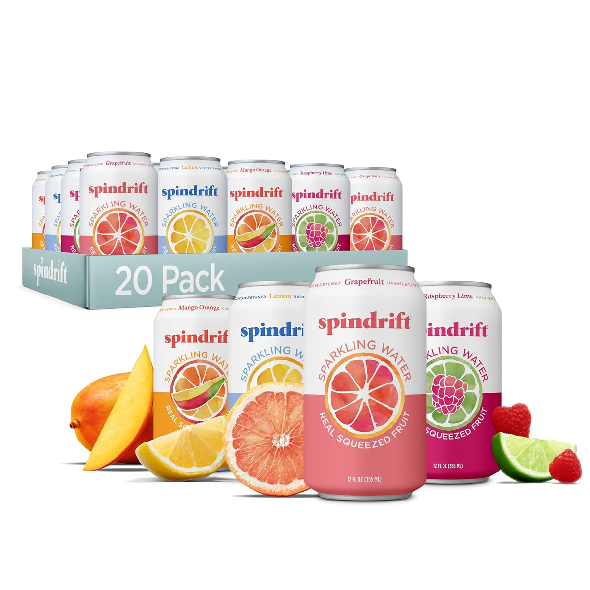 Spindrift sparkling water cans with fruit illustrations and a 20-pack box on a white background