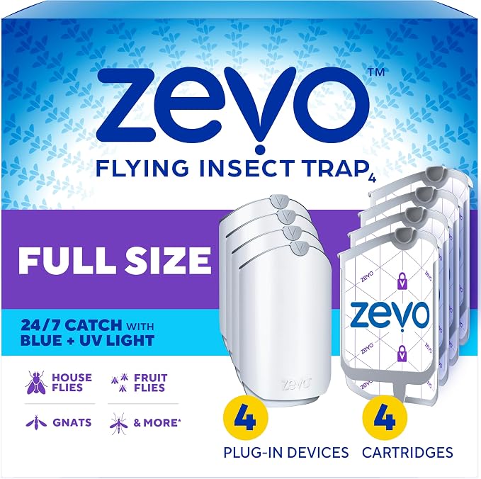 Zevo Full Size Flying Insect Trap 4 packaging box, showing the blue and purple branded box design alongside illustrations of the white plug-in device and four replacement cartridges.