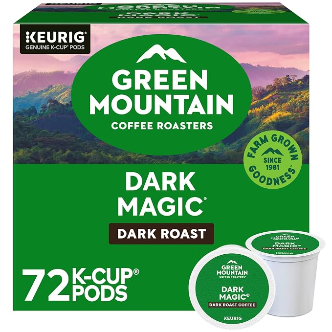 Green Mountain Dark Magic dark roast coffee, green 72-count K-Cup box with mountain scenery and two pods