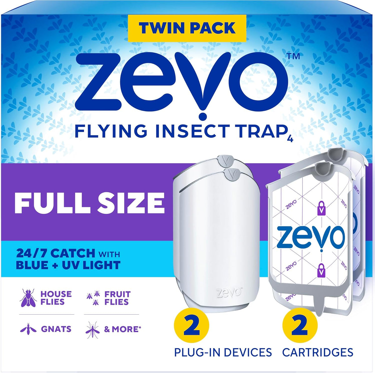 Zevos flying insect trap packaging with blue and purple design
