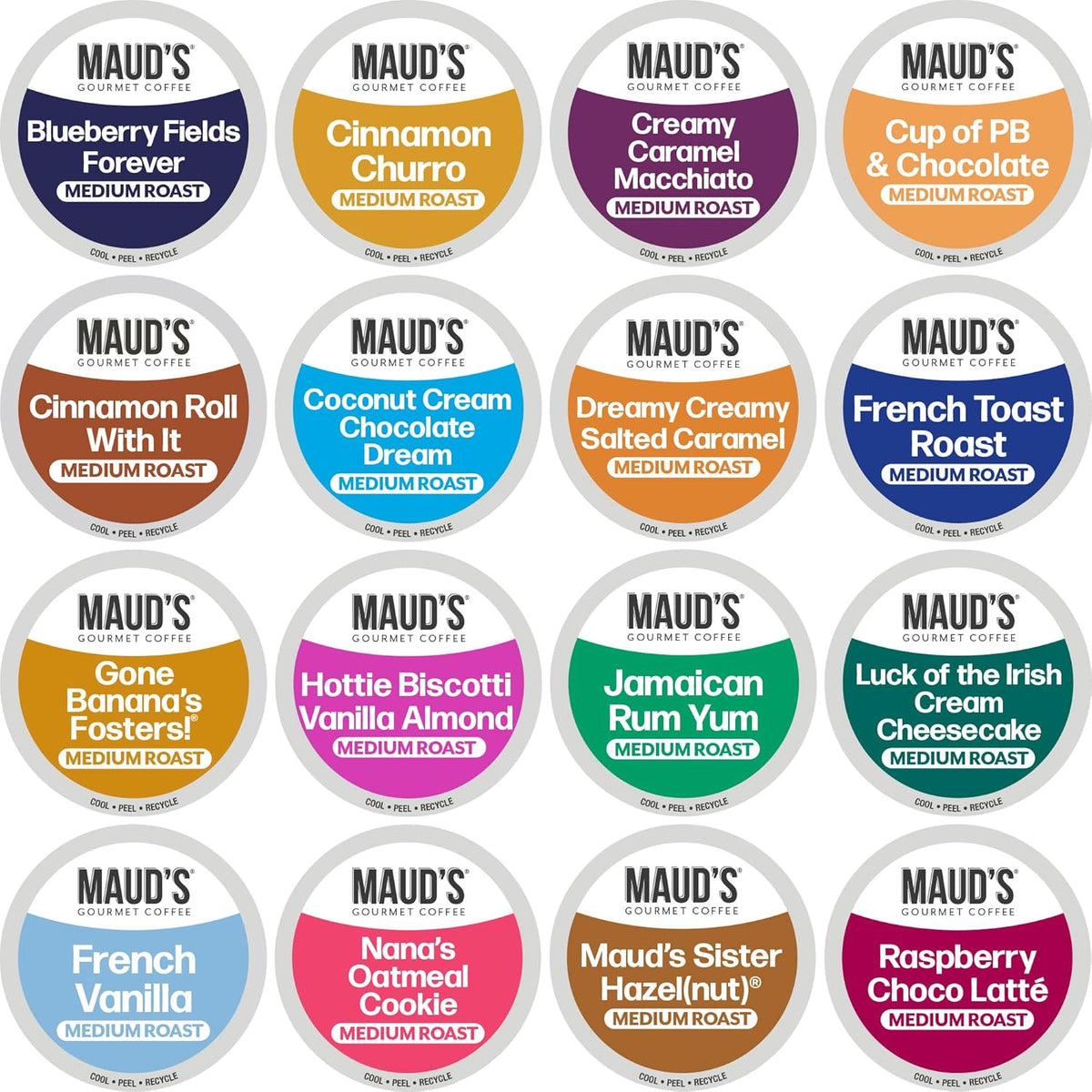 “Maud's medium roast flavored coffee pods in a 16-flavor variety, with colorful lids arranged in a four-by-four grid.”