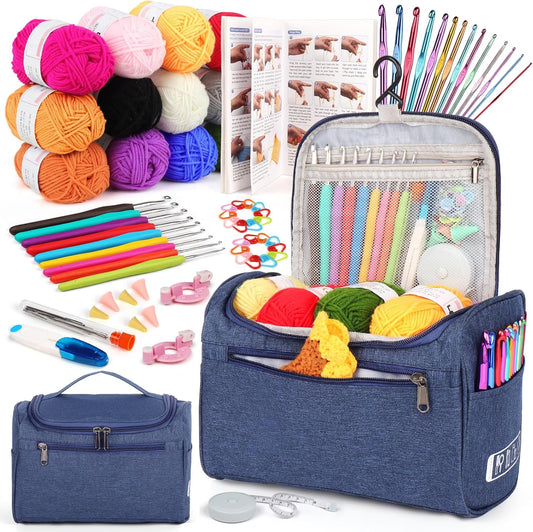 Aeelike beginner crochet kit with multicolored yarn, crochet hooks, instructions and an open navy organizer bag