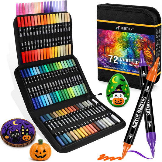 Pagather 72-color acrylic paint markers in an open black zippered case with fine and brush tip examples