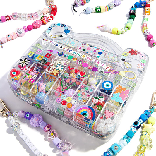 BaubleBar DIY bag charm kit with colorful beads in a clear compartmented carry case and beaded charm examples