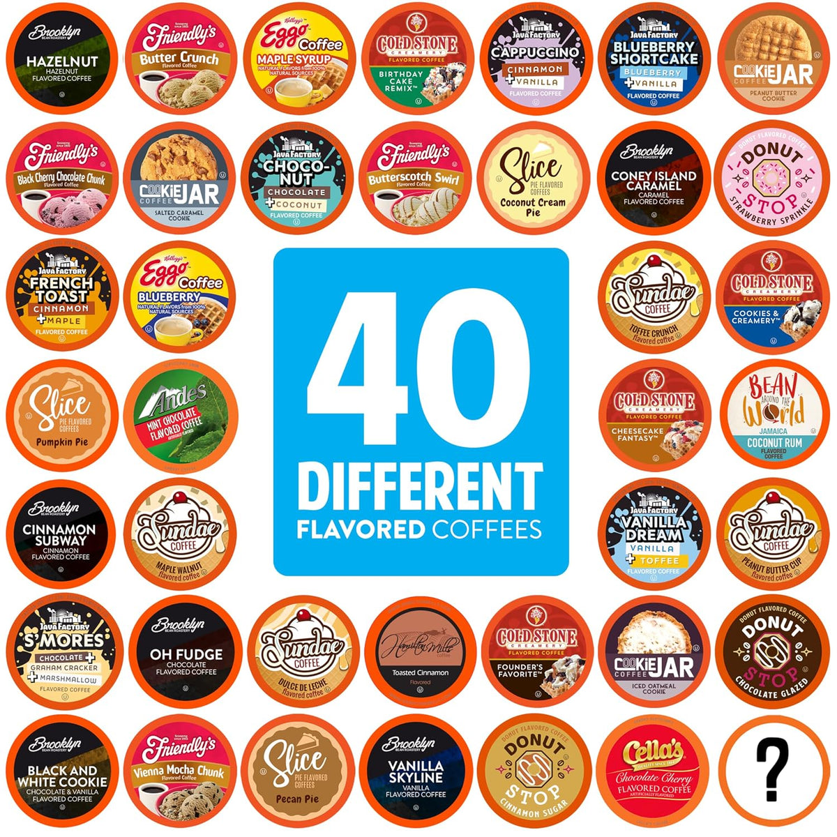 Two Rivers flavored coffee variety pack, colorful pod lids around a blue panel reading 40 different flavored coffees