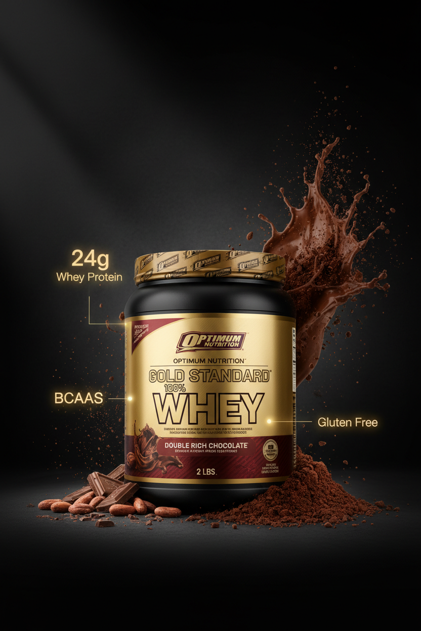 A tub of Optimum Nutrition Gold Standard 100% Whey in Double Rich Chocolate flavor, styled with chocolate splashes, cocoa powder, and chocolate pieces on a dark background. Text overlays highlight '24g Whey Protein', 'BCAAS', and 'Gluten Free'.